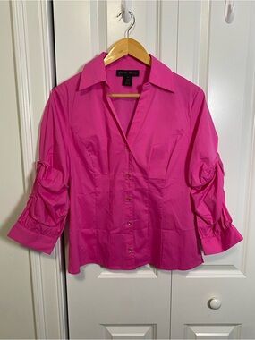NWT Elena Wang Pink Button-Down Shirt with Ruched Sleeves